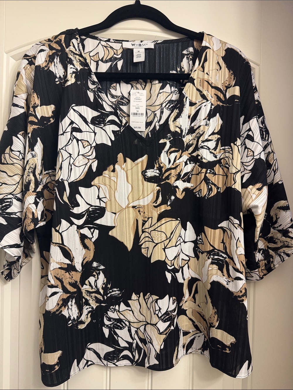 White House Black Market Black Floral V-Neck Tunic with Cream & Tan Accents, New
